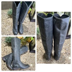 CHANEL Gray Interlocking CC Logo Leather Riding Boots 36.5